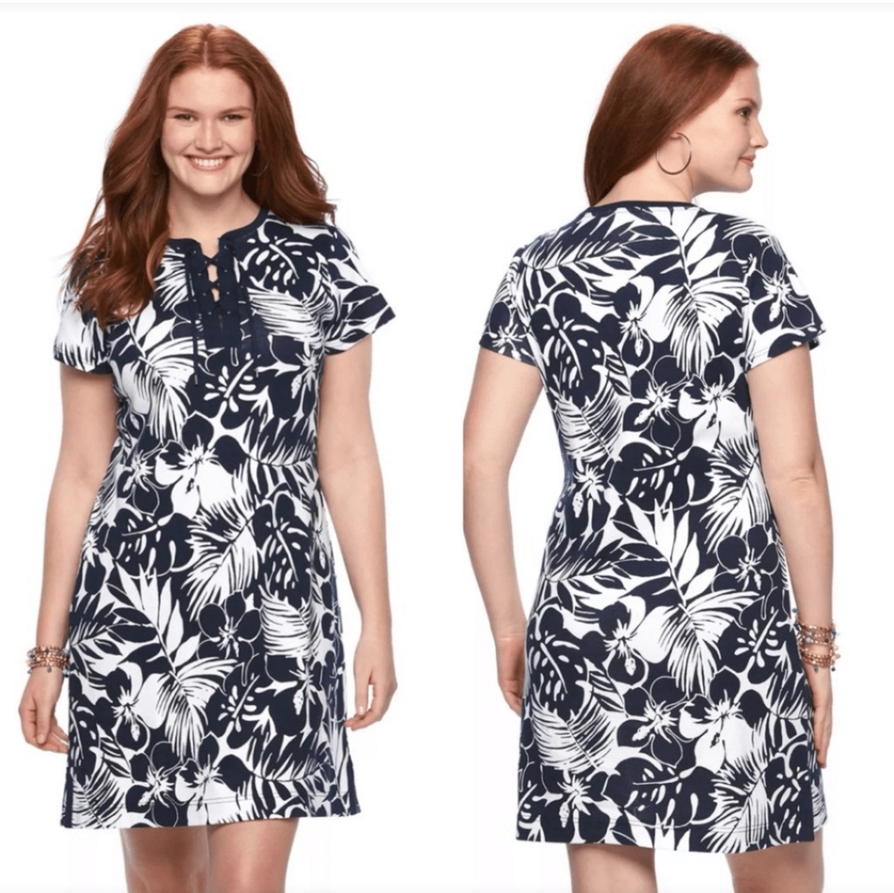 Chaps 3X Floral Lace-Up T-Shirt Dress Cotton Navy White 2978-ae